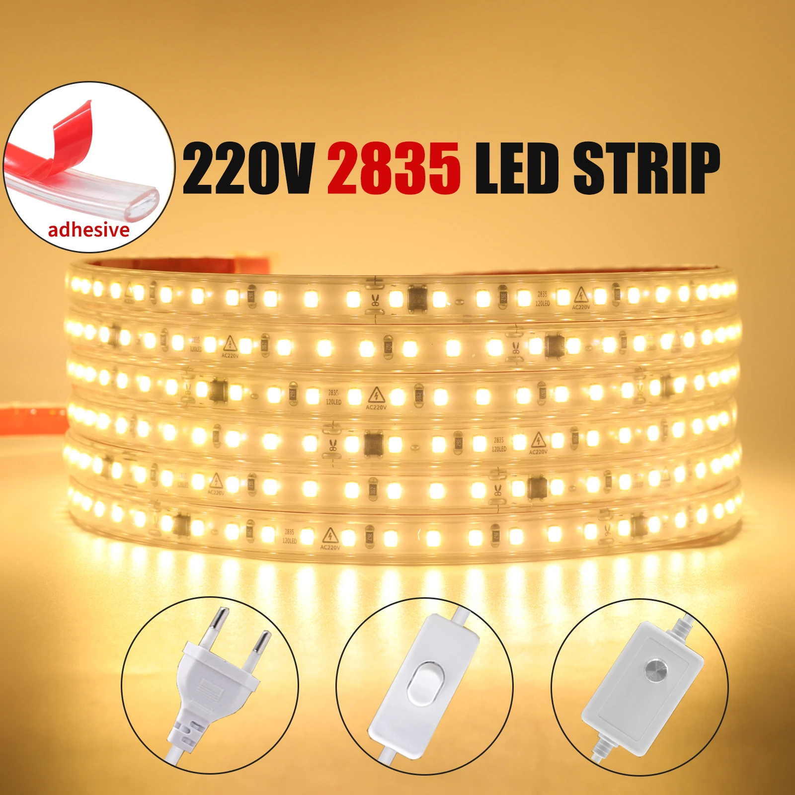 LED Strip Light 220V IP65 Waterproof 120LEDs/M Flexible Ribbon 10cm Cut Adhesive LED Light Tape EU Plug for Room Garden Lighting