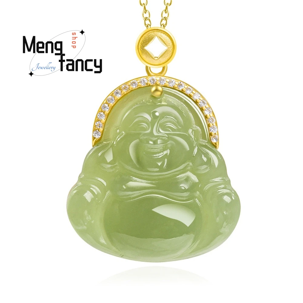 

Natural Hetian Jade Green Jade Buddha Smiling Buddha S925 Silver Inlaid Pendant Fashionable Pendant Necklace For Women Exquisite