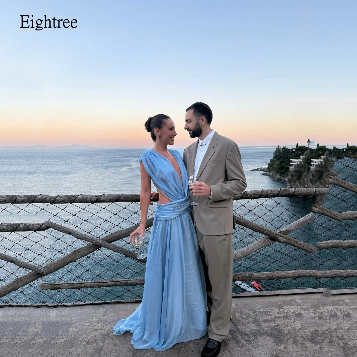 

Eightree Modern Blue V Neck Prom Gowns Exposed Waist A Line Party Gown Floor Length Evening Dress vestidos de gala Customized