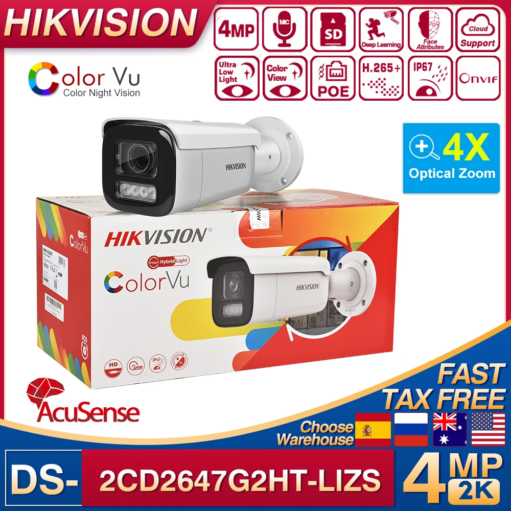 Hikvision Original DS-2CD2647G2HT-LIZS 4MP POE Smart Hybrid Light with ColorVu 4X ZOOM  Bullet Network Camera