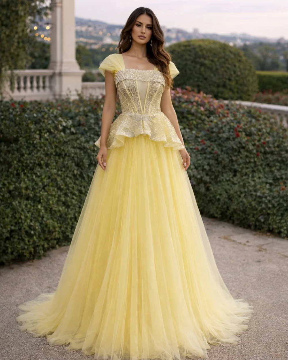 

Customized Exquisite Women Tulle Beading Ruched A-Line Evening Dresses Formal Square Neck Short Sleeves Floor Lenght Party Gowns