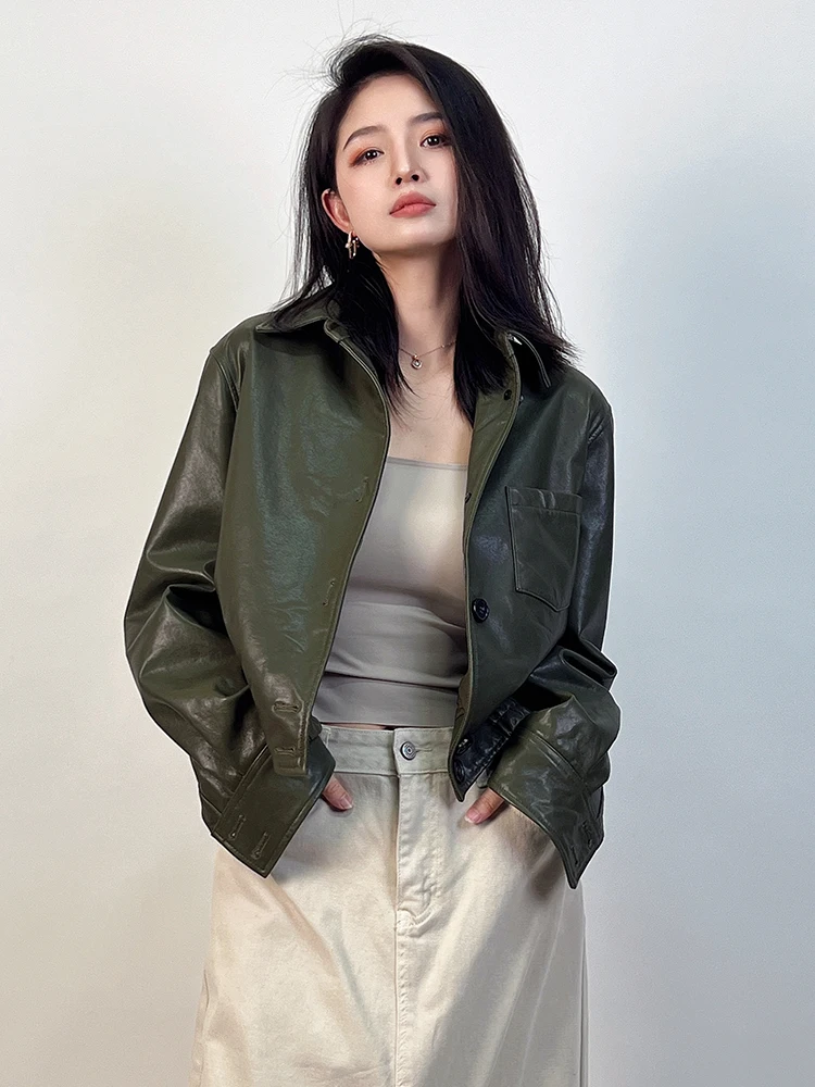 Vintage Genuine Leather Cropped Jackets for Women Spring Autumn High-end Simple Slim Single Breasted Soft Real Sheepskin Coat