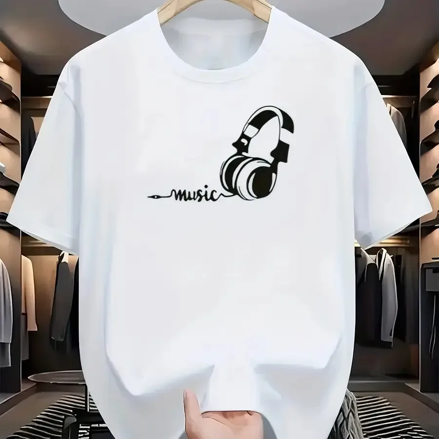 's Music-Themed T-Shirt with Headphone and Music Note Print - White Casual Round Neck Short Sleeve Tee for DJs Musicians and Mu