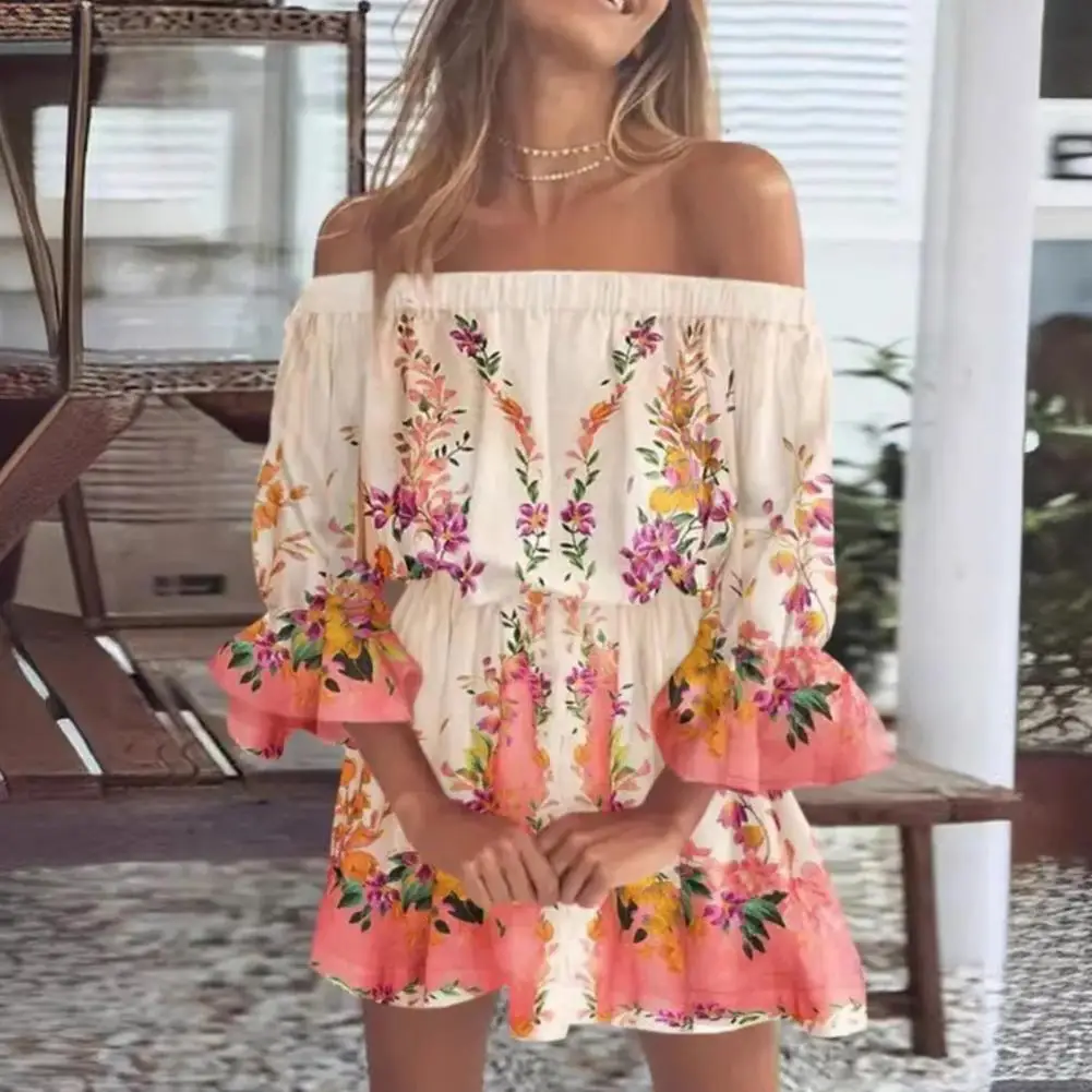 Frauen Sommerkleid sexy schulter frei Frühlings blumen druck Rüschen Plissee Kleid Strand urlaub träger lose Blumen A-Linie Mini kleid