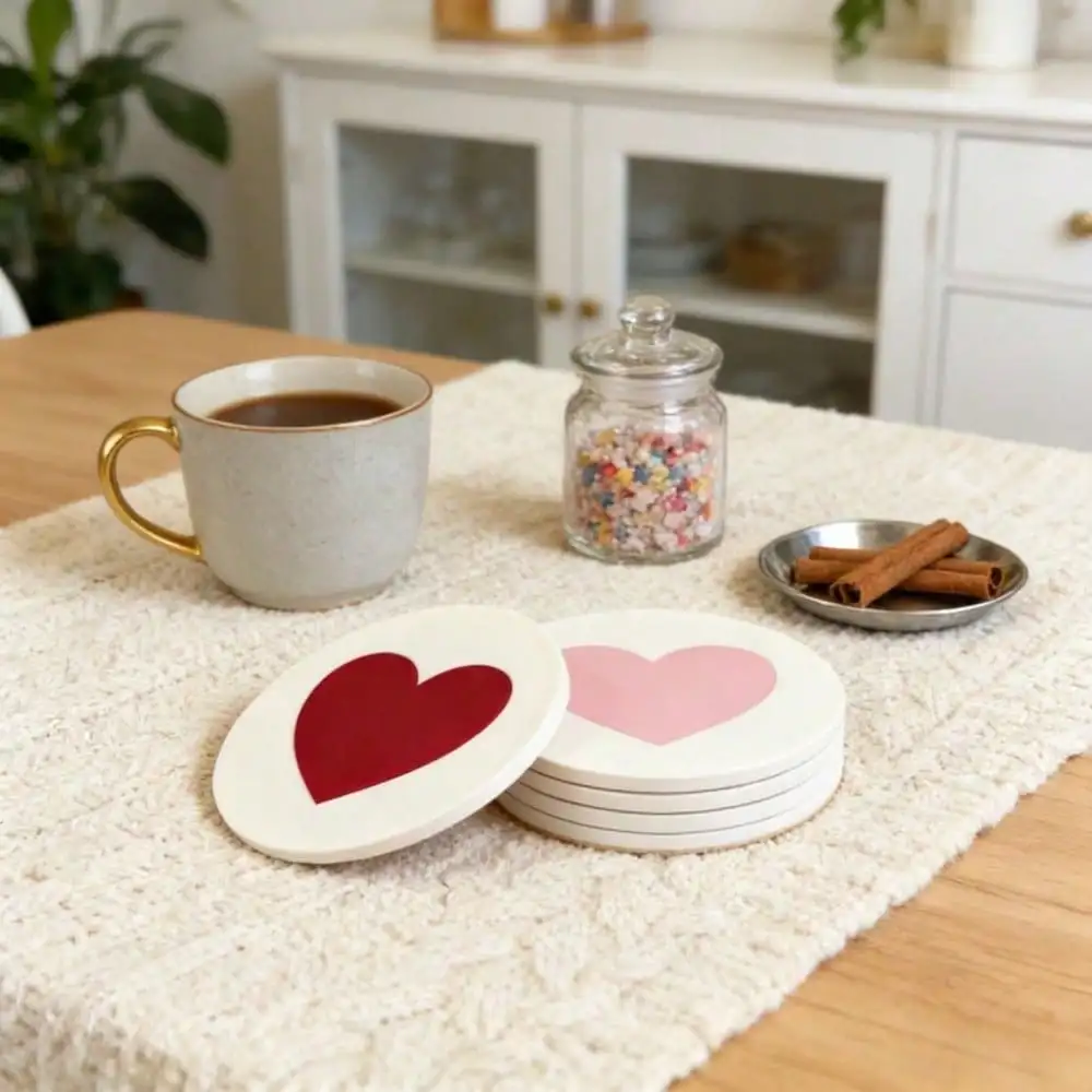 Minimalist solid-color round acrylic coaster with a large heart design—absorbent, non-slip, and heat-insulating.