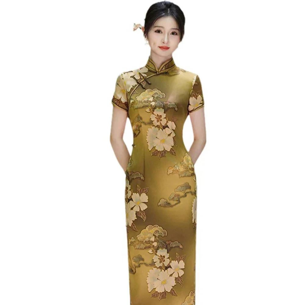 

Performance Apparel Chinese Style Cheongsam Banquet Performance Thin Fabric All Season Wear Brand New Floral Pattern