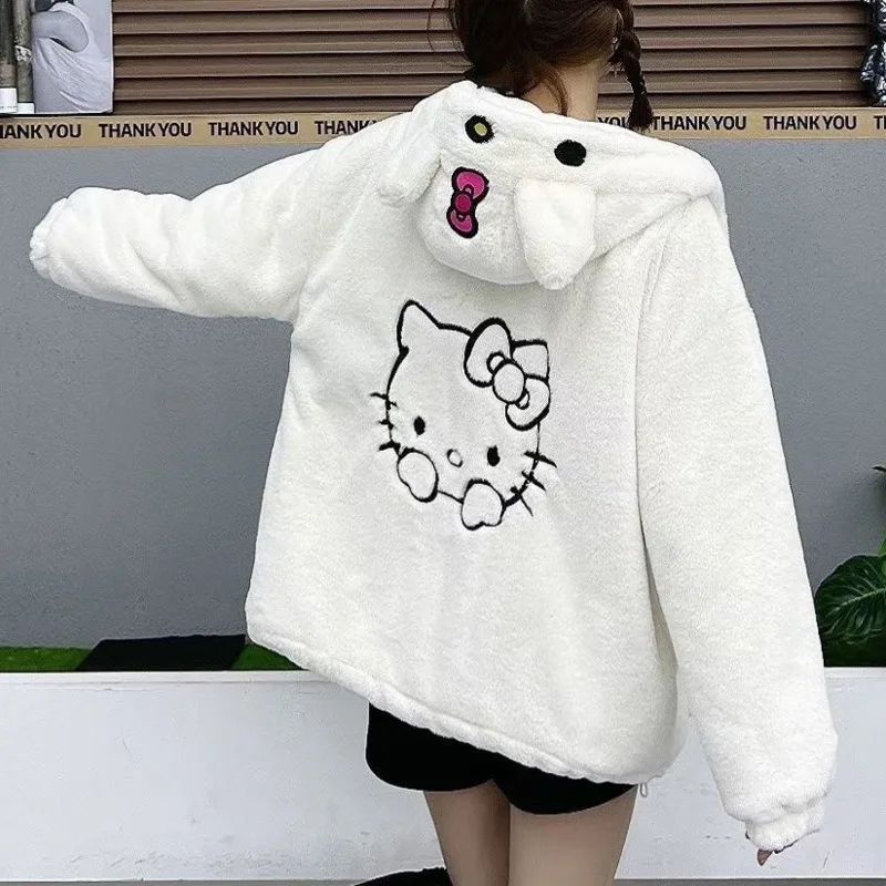 Cute Hello Kitty Faux-cashmere Hooded Coat For Women In Autumn And Winter Loose Zipper Y2k BF Style Fuzzy Jackets Clothes