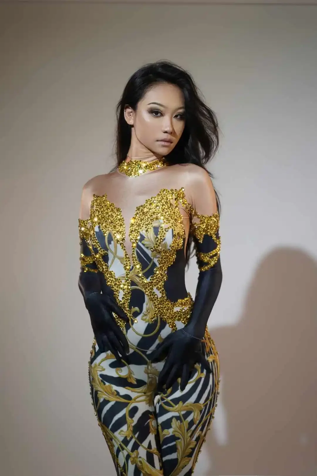 

Women Sparkly Goddess Senior Photoshoot Props Las Vegas Zebra Show Jumpsuits For Carnival Gold Romper Drag Queen Costume