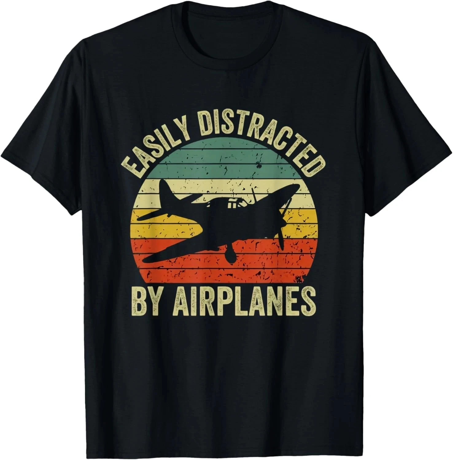 Easily Distracted By Airplanes Print T Shirt Men Classic Warplane Graphic Crew Neck Short Sleeve Cotton Aviation Lover Tee Tops
