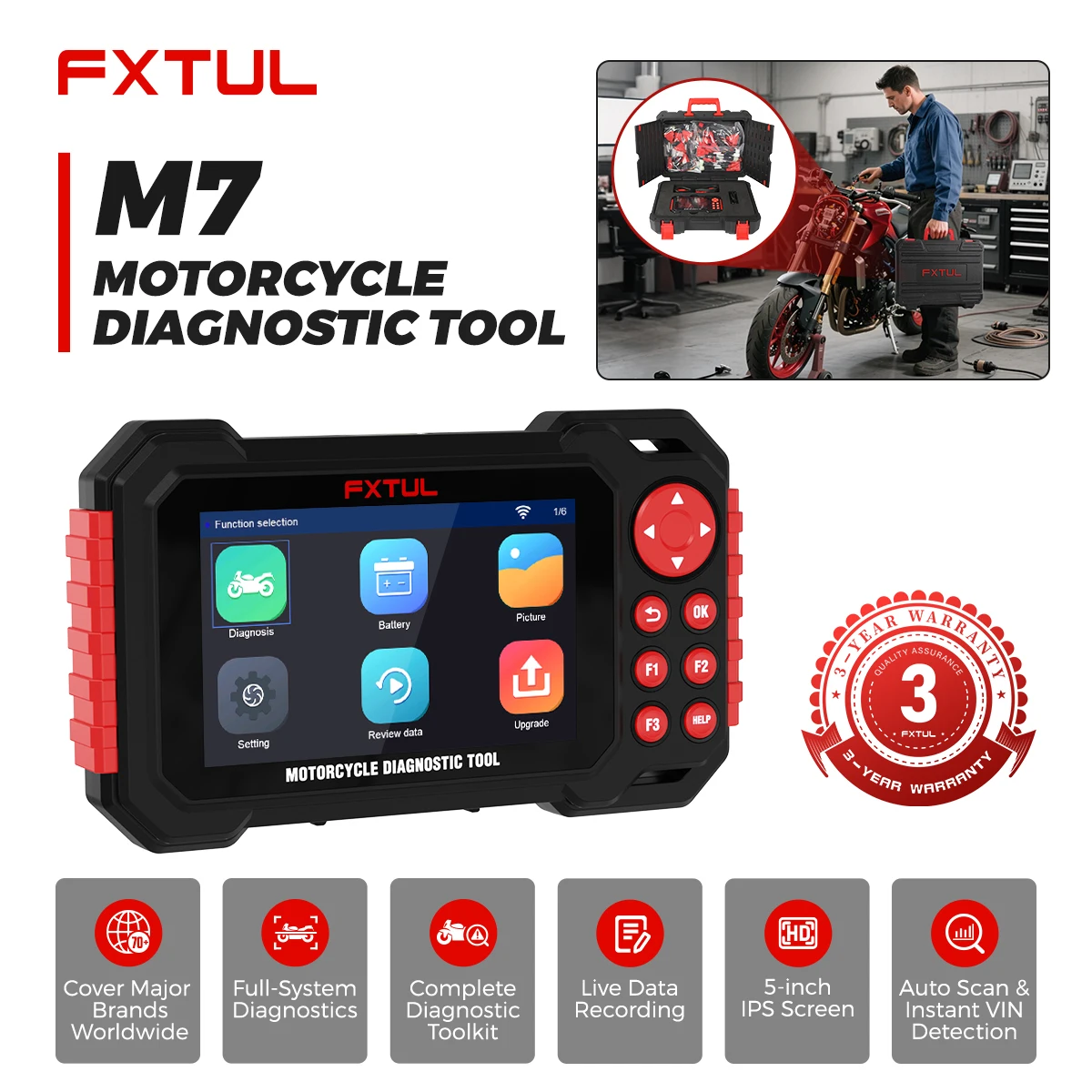 FXTUL M7 Motorcycle Diagnostic Tool Full System OBD2 Scanner 70+ Brands ABS TPMS IMMO Service Reset 5‑Inch IPS Screen WiFi