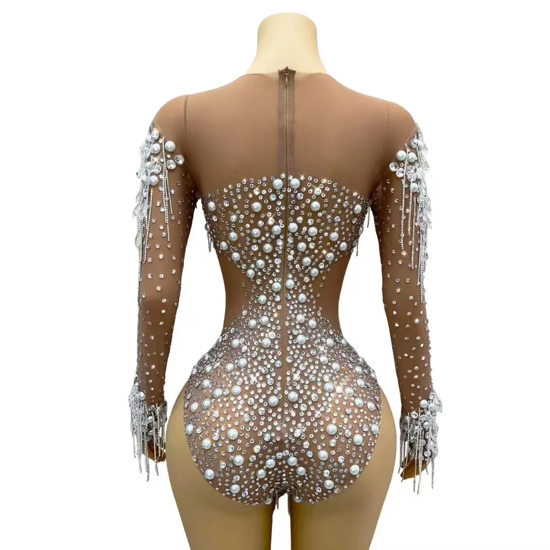 Sparkly Rhinestones Chains Pearls Bodysuit Women Sexy Mesh See Through Long Sleeve Performance Dance Costume Show Stage Wear