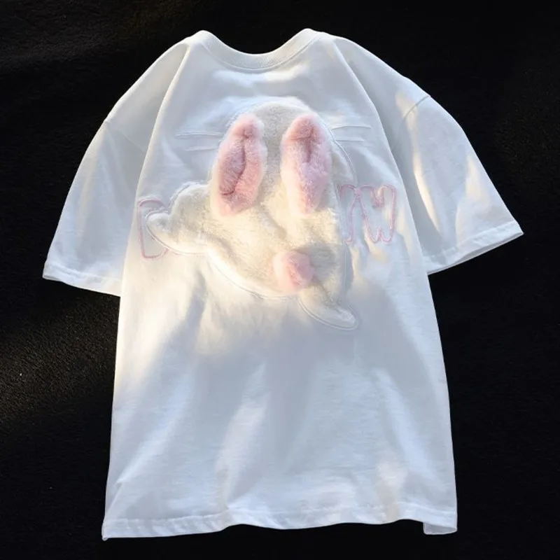 Novelty O-Neck Short Sleeve Loose Casual Cotton Women T-shirts Flocking Plush Embroidery Stereo Rabbit Kawaii Cute Tees Tops