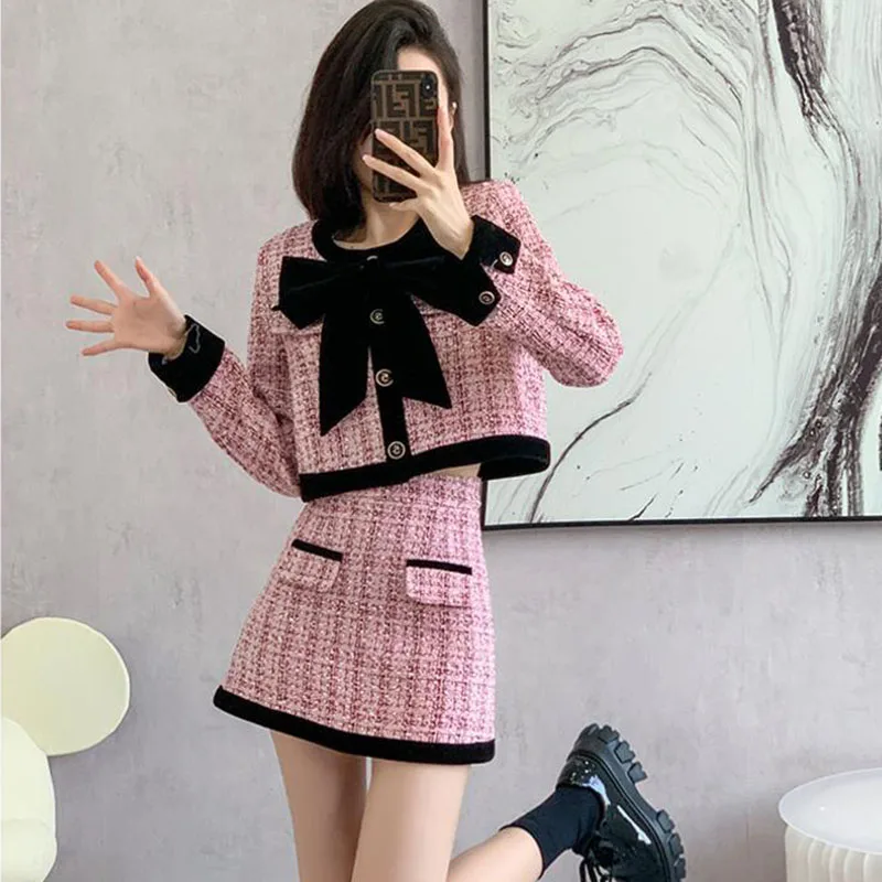 2024 Spring Summer Two Piece Dress Set Pink Bow Mini Skirt Office Lay Suit High-Quality Dressing With Short Jacket Coat