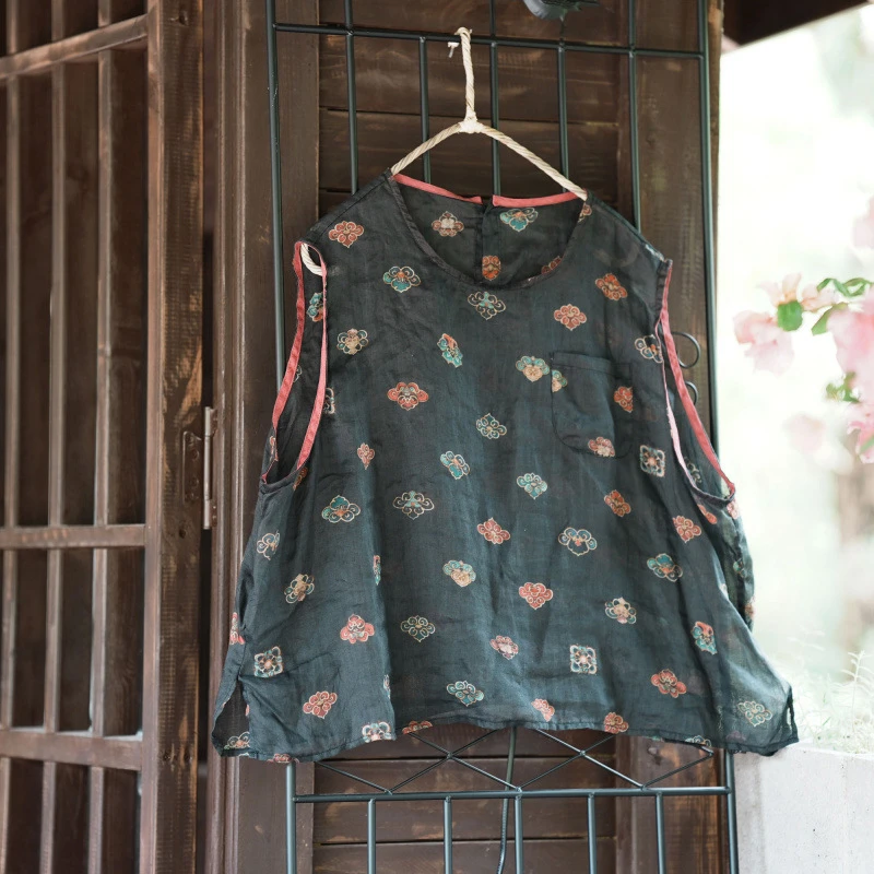 100% Ramie Women Casual Tank Tops New 2026 Summer Vintage Style O-neck Floral Print Loose Female Sleeveless Vests M2884