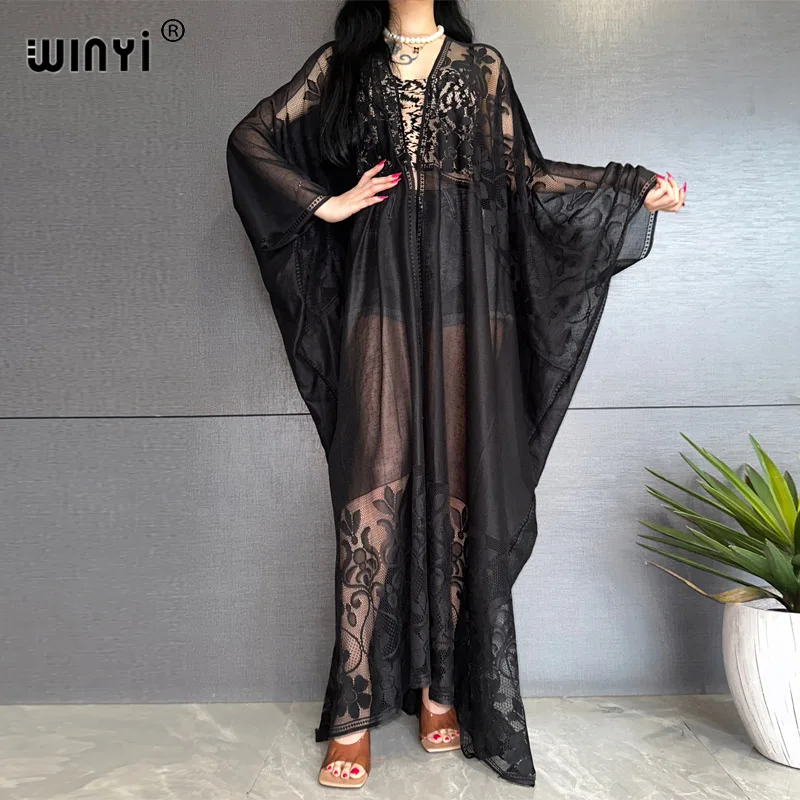 WINYI Kimono model baru untuk wanita, pakaian pantai kardigan Afrika kerawang seksi elegan, penutup pantai, gaun monowarna, pakaian mode musim panas untuk wanita