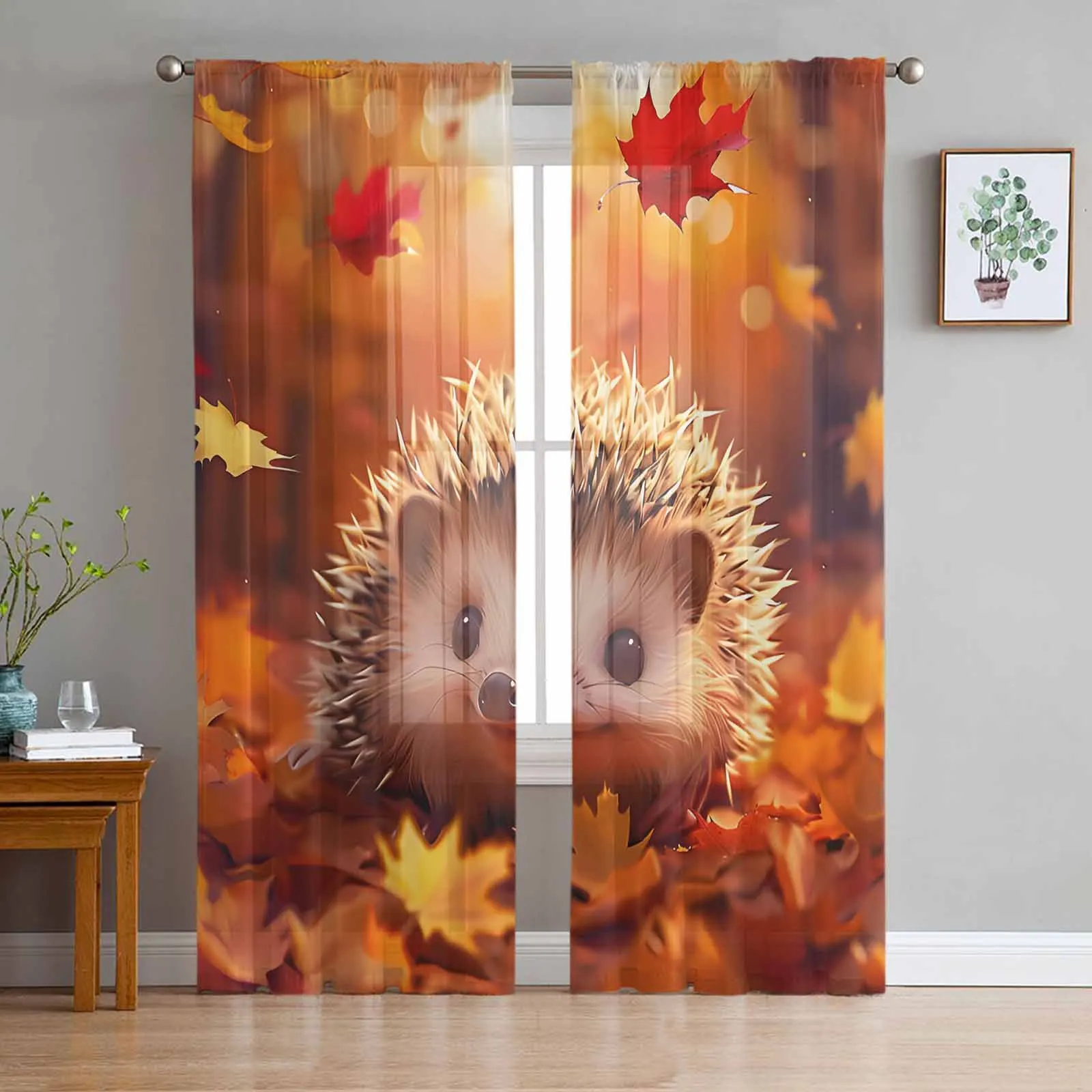 Autumn Maple Leaf Forest Hedgehog Sheer Curtain Living Room Drapes Home Bedroom Voile Curtain Tulle Window Curtain