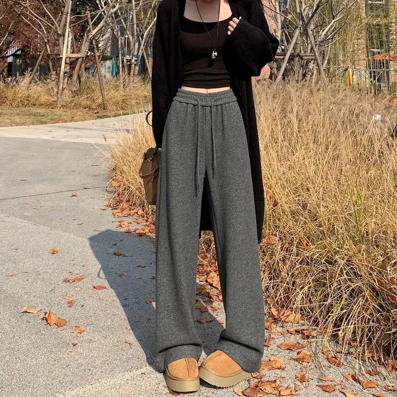 Herfst Winter Nieuwe Sle Wijde Pijpen Vloerlengte Broek Dames Fce Gevoerde Acetaatwollen Broek Casual Broek met Rechte Pijpen