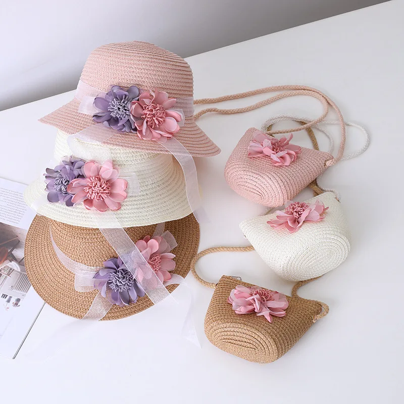 Cute Bow Girls Straw Hat+Shoulder Bag Summer Outdoor Sun Bucket Hat Tote Bags 2pcs a Set Baby Travel Beach Sunshade Hat Gorros