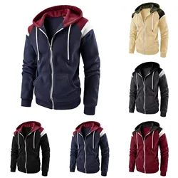 2024 New men's autumn and winter fashion color blocking zippered cardigan hoodie men's casual warm hooded jacket