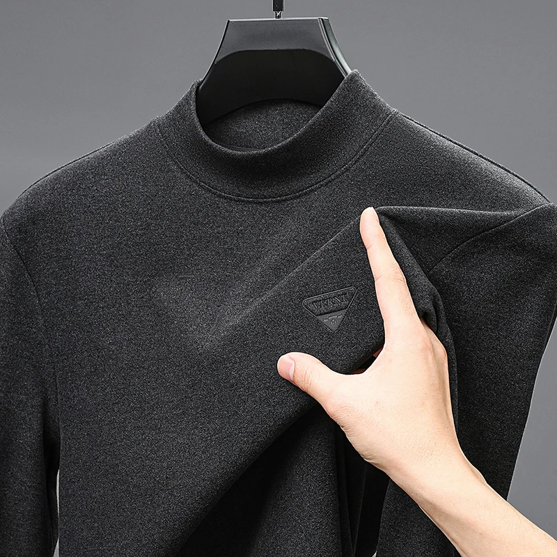 

Man HighEnd Long Sleeves T-Shirt Double-Sided Velour Mock Neck Embroidery Autumn Colorfast Warm Comfortable Leisure MensClothing
