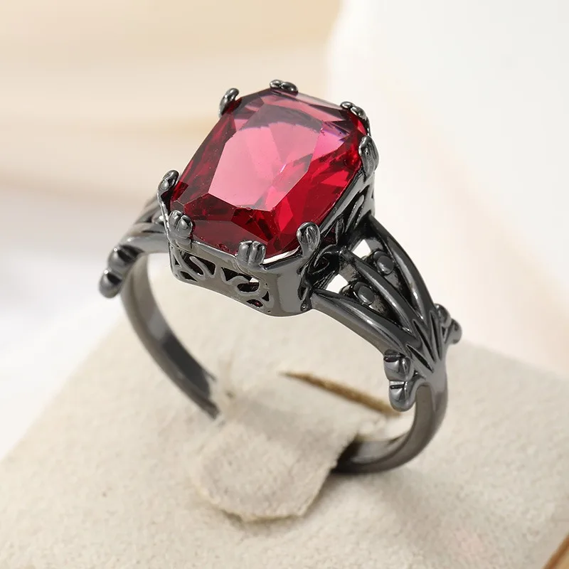 Vintage-Ring für Damen in schwarzer Farbe mit eingelegtem roten CZ, umwerfende, handgeschnitzte Geometrie, hohl, für den täglichen Gebrauch, Party-Schmuck, Jahrestagsgeschenk – Detail 3