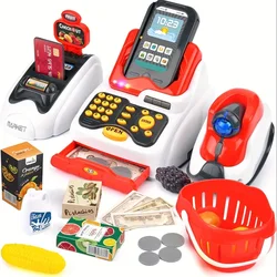 33PCS Toy Cash Register for Kids with Checkout Scanner Fruit Card Reader Credit Card Machine Play Money Food Shopping Play Set