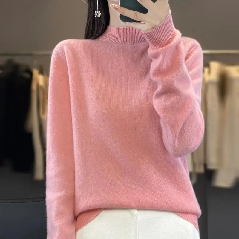 

Women's Pure Color Woolen Knitted Sweater f High Collar Slim Fit Base Layer Inner Wear Autumn Winter New Sle Simple Match