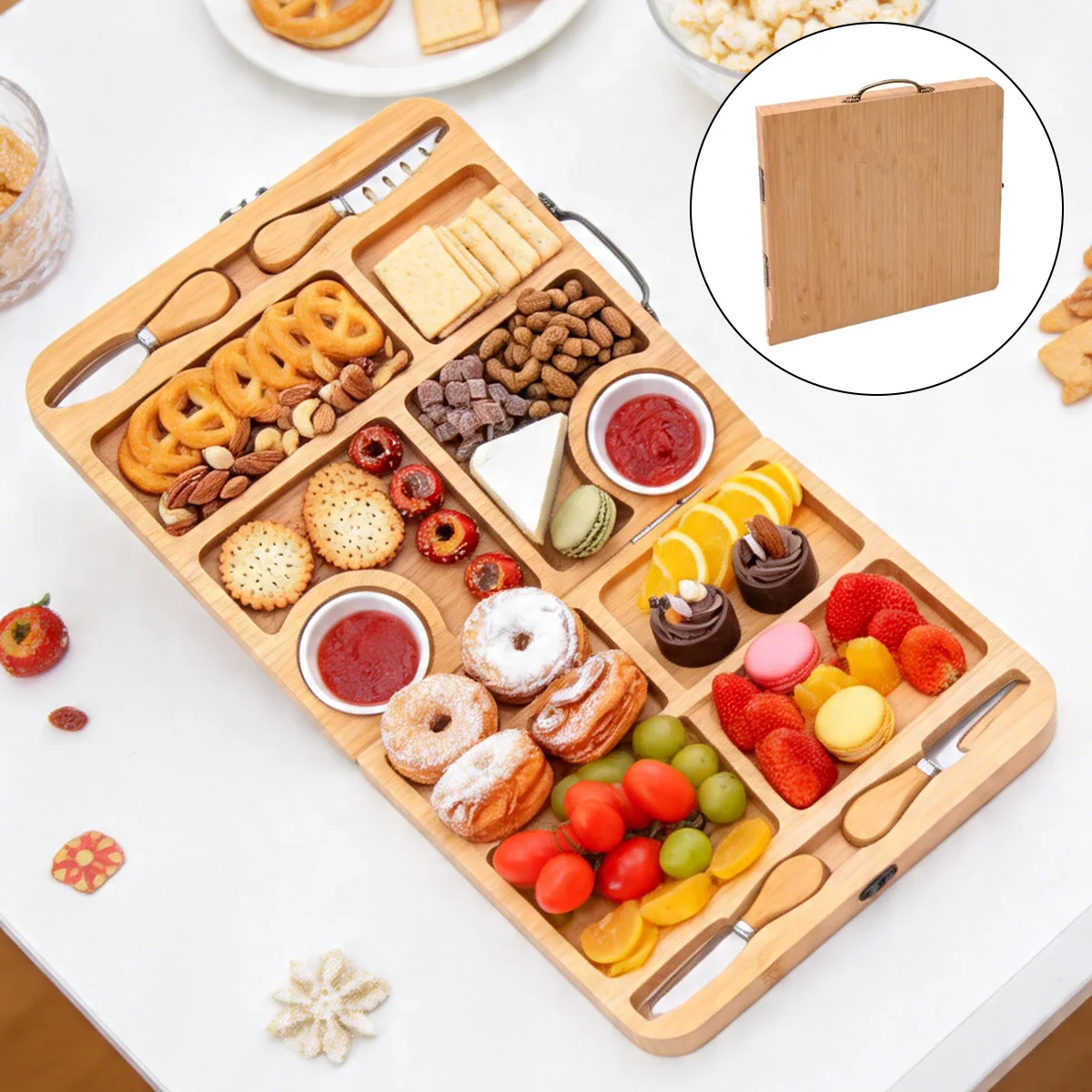 1PC Charcuterie Boards, Expandable Bamboo Cheese Board Gift Set with Serving Tray, Knives & Bowls for Meat, Cheese & Crackers