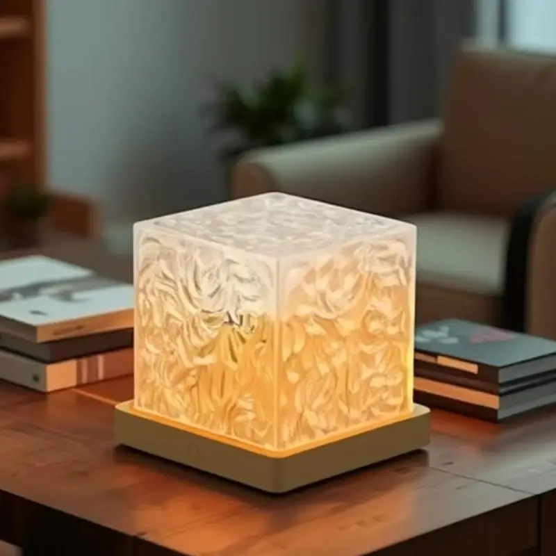 New Sale Rotating Water Ripple Atmosphere Lamp Water Ripple Lamp Bedroom Bedside Flame Romantic Lamp Dynamic Square Desk Lamp