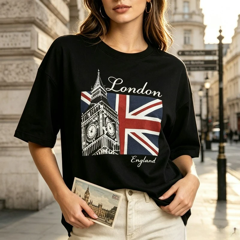 Vintage Fashion London - Camiseta Feminina 100% Algodão com Estampa