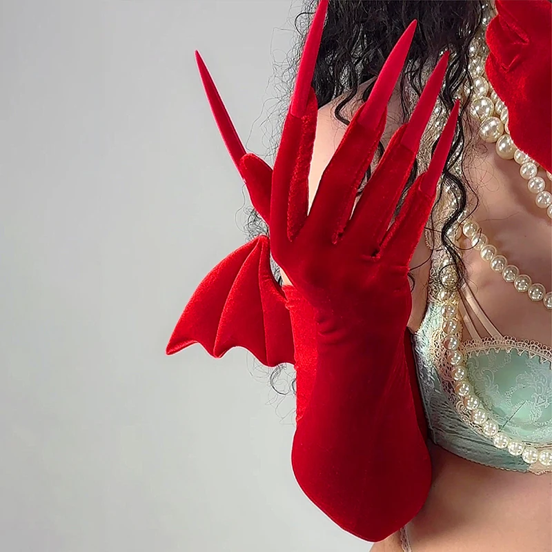 

1 Pair Extra Long Nail Devil Wings Gloves Long High Elastic Velvet Claw Gloves Angel Demon Cosplay Props Touch Screen Nail Glove