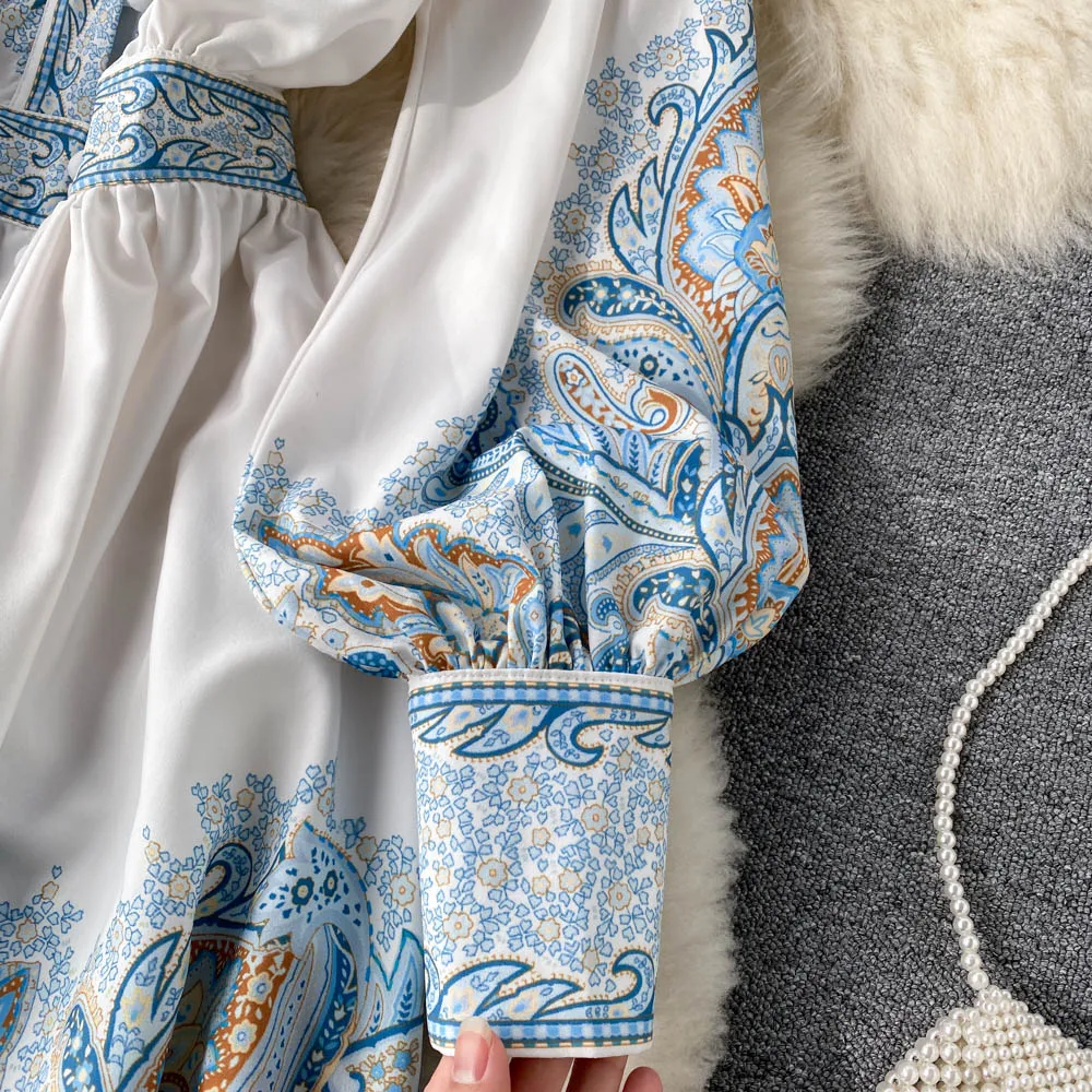 Mini abito stampato floreale primavera autunno donna sexy scollo a V monopetto manica a sbuffo vita alta a-line abiti da festa di lusso