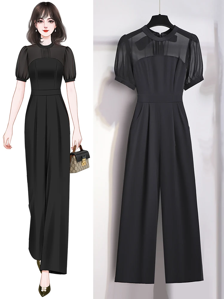 

Black Wide Leg Jumpsuit Women's Summer Thin New Style Elegance One-Piece Pants High Waist Straight Leg Casual Comfortable