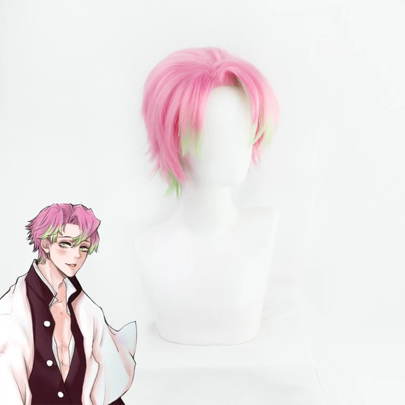Peruka do cosplayu Kanroji Mitsuri z Kimetsu No Yaiba, krótka, różowo-zielona, syntetyczna, dla mężczyzn + darmowy czepek pod perukę