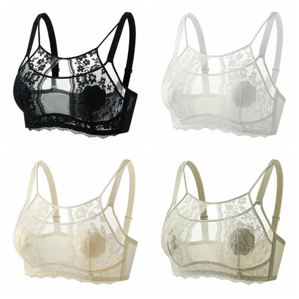 Reggiseno a V profondo senza fili con fiore in rete di moda, intimo antiurto per donna, reggiseno sottile in pizzo anti-cedimento regolabile