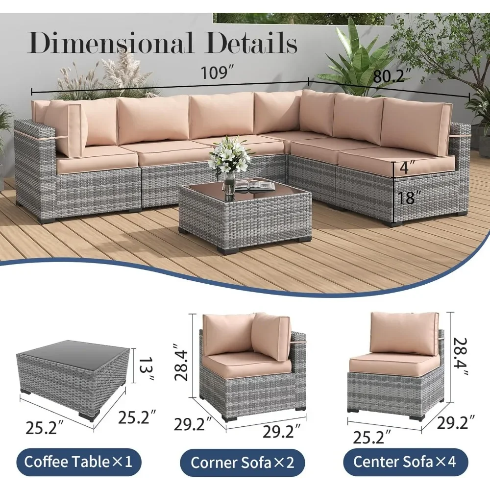 Outdoor Sofa, 7-piece Outdoor Split Willow Sofa (khaki Color), with Courtyard Furniture Set, Outdoor Courtyard Home Sofa Set