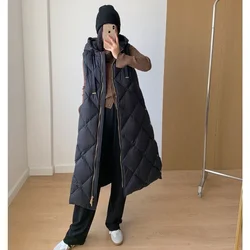 Down Jacket Women 2023 New Luxury Women Down Coat Sleeveless Vest Belted Hooded Diamond Lattice Thicken Warm Puffer Waistcoat