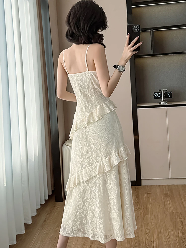 ผู้หญิงลูกไม้ Jacquard Chic Ruffled ชุดยาวฤดูร้อนสบายๆสลิงเซ็กซี่ชุด 2025 เกาหลีแฟชั่น Bodycon Party Dress