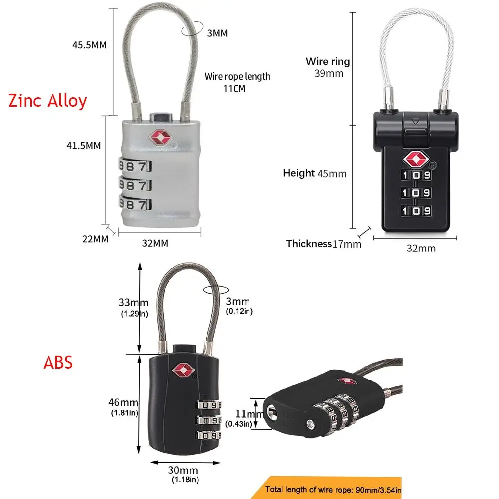 TSA Customs Password Lock Portable Travel Anti-Theft Luggage Suitcase Padlock Zinc Alloy/ABS Smart Combination Wire Rope Lock