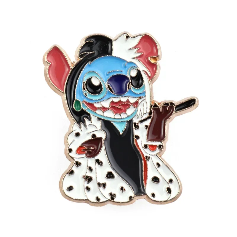 Disney Stitch Anime Figure Cosplay Cruella Evil Queen spilla in metallo distintivo abbigliamento decorazione accessori giocattoli per bambini regalo