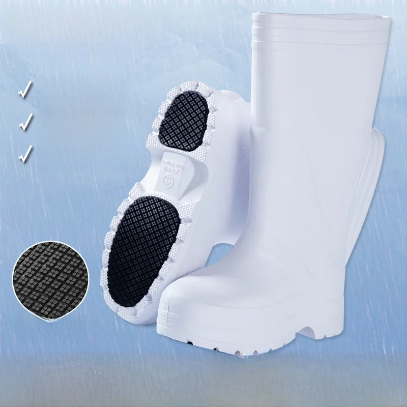 Food Grade High-Tube Work Boots Waterproof Oil-Resistant Slip-Resistant EVA Foam Rain Boots White U-Shape Shoe for All Seasons