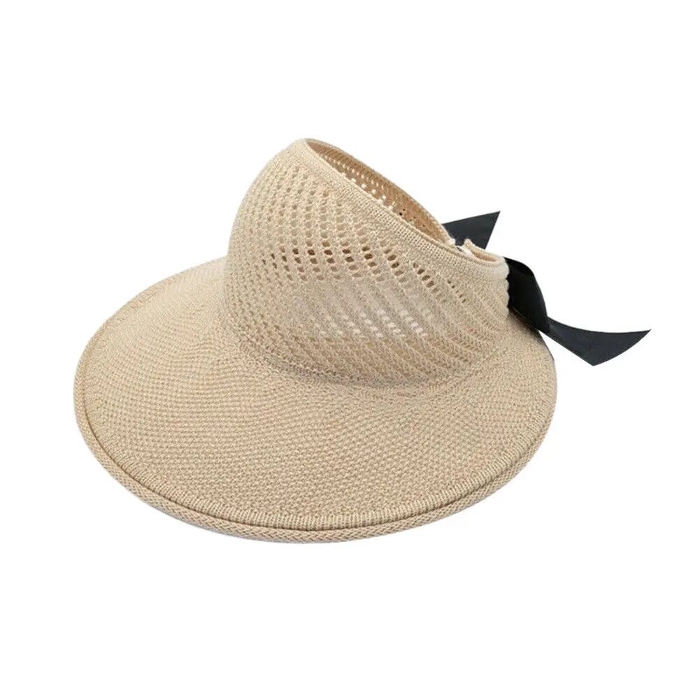 Women Sun Hat Portable Foldable Wide Beach Hat Women Empty Top Visors Cap Bow Tie Breathable Hat Foldable Anti-UV Female Cap