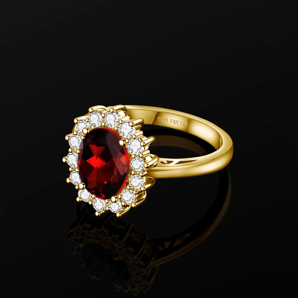 Szjinao Solid 14K Gold Filled Oval Garnet Cocktail Ring Sunburst Setting Red Gem Ring for Ladies Anniversary Party Wear Jewelry