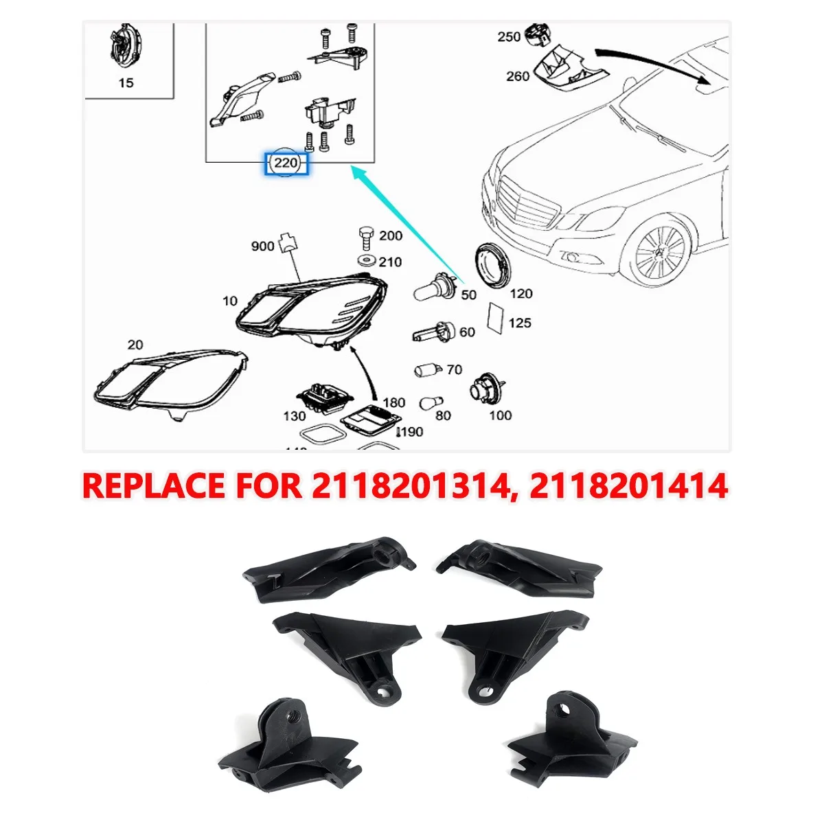 Car Repair Kit Front For Mercedes E-Class W211 Headlight Bracket 2002 2003 2004 2005 2006 2007 2008 2009 Head light Repair Wash