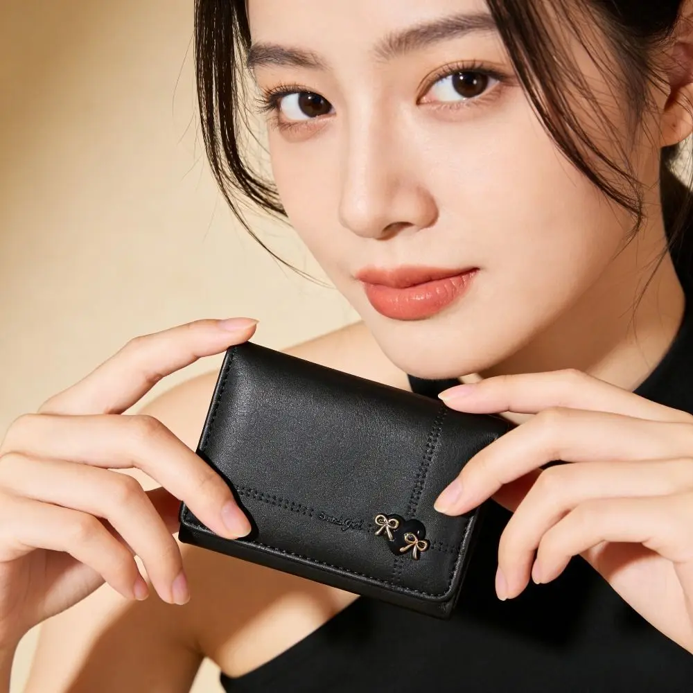 Heart-Shaped Bow Design Tri-fold Short Wallet PU Leather Multiple Card Slots Money Bag Multipurpose Foldable Credit Card Holder