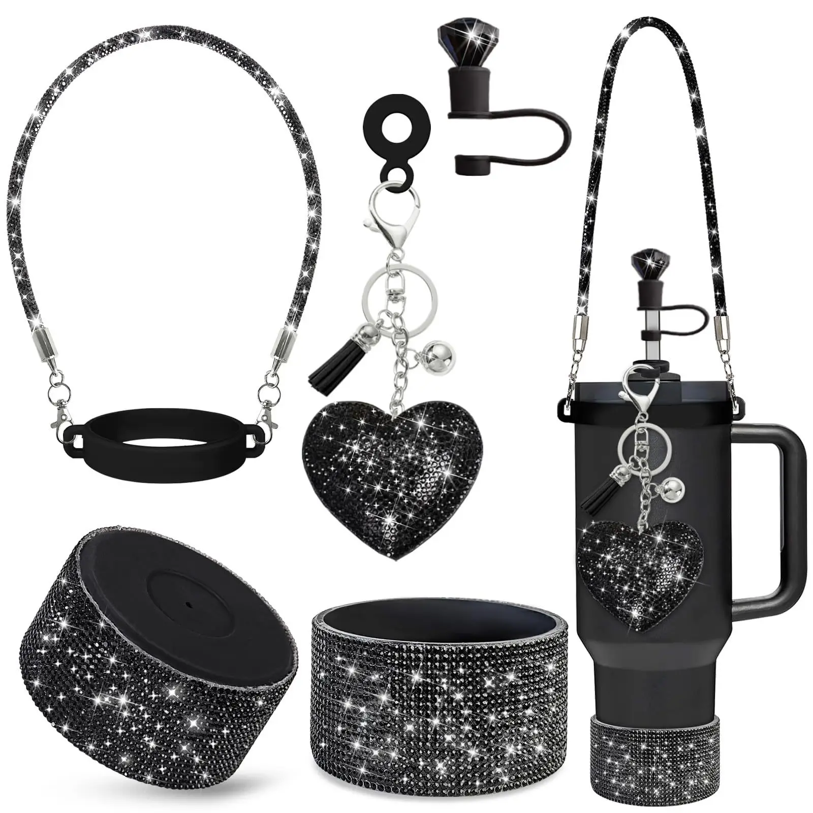 Shiny Silicone Cup Sleeve with Cross Straw Topper Heart Pearl Chain Pendant And Hand Strap for Stanley Cup