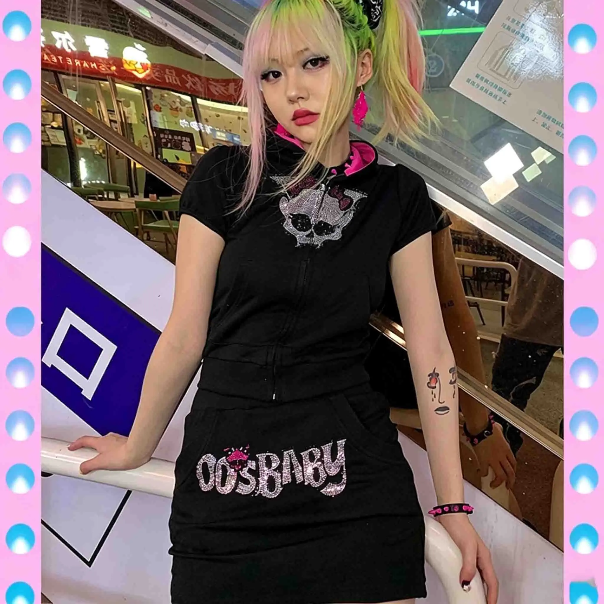 Y2K Rhinestone Letter Mini Skirt Elastic Waist Pockets Casual Streetwear Short Skirt