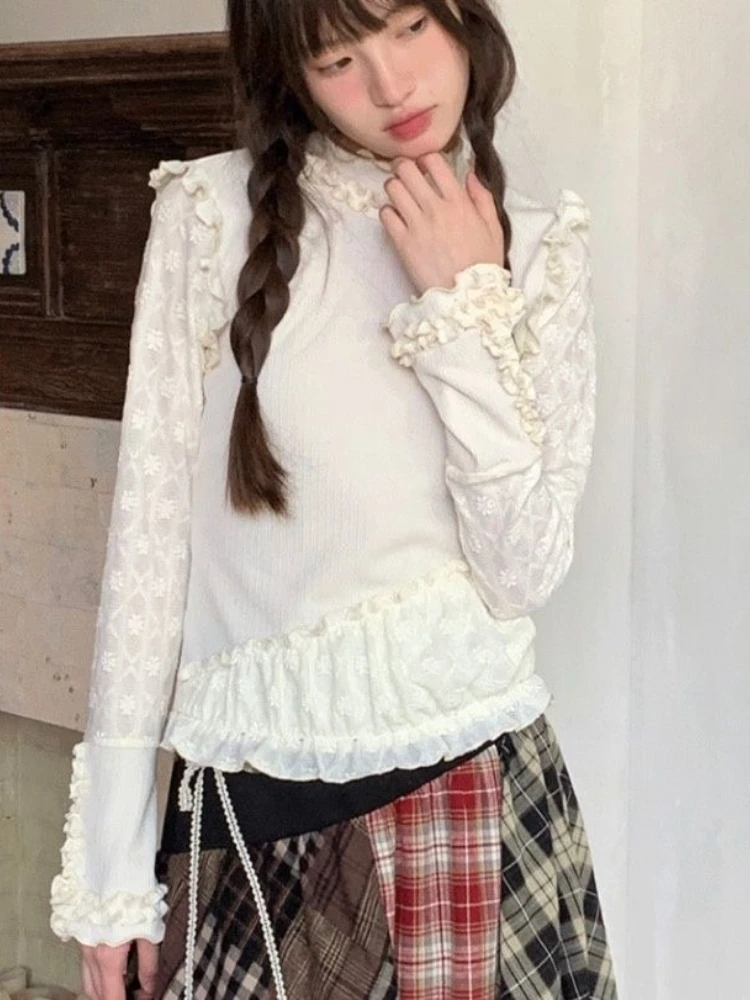 

Japanese Lolita Lace Irregular Blouse Kawill Princess Style Long Sleeve Pure Color Basic Y2k Casual Pullover Woman 2025 Autumn