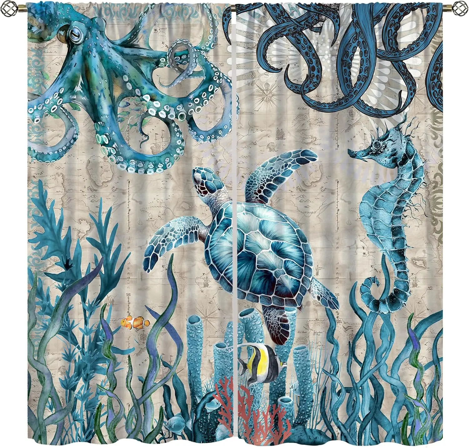 Nautical Blue Sea Blackout Curtains for Kitchen Marine Life Turtle Octopus Seahorse Beach Coral Reef Vintage Nautical Map