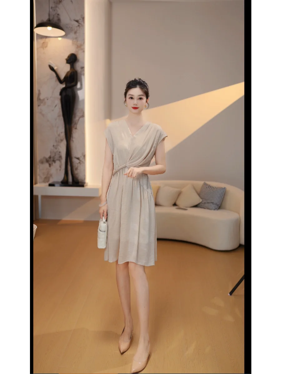 Elegant Simple Design Pure Color Summer New Women's Fashion Dress Midi Skirt High Waist Polyester Fiber Long Sleeve Casual